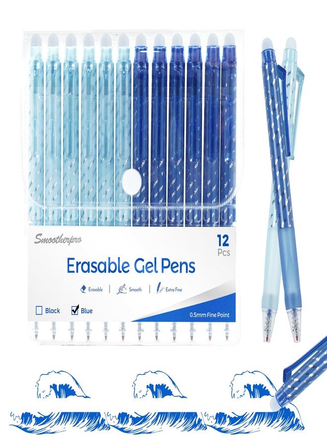 SMOOTHERPRO Erasable Pens Blue | 12 Pcs Rub Out Biros | 0.5 mm Fine Point Friction Pen with Rubbers on the End | for Writing Colouring Student Adult School Office Supplies (ERP012BU) - Image 1