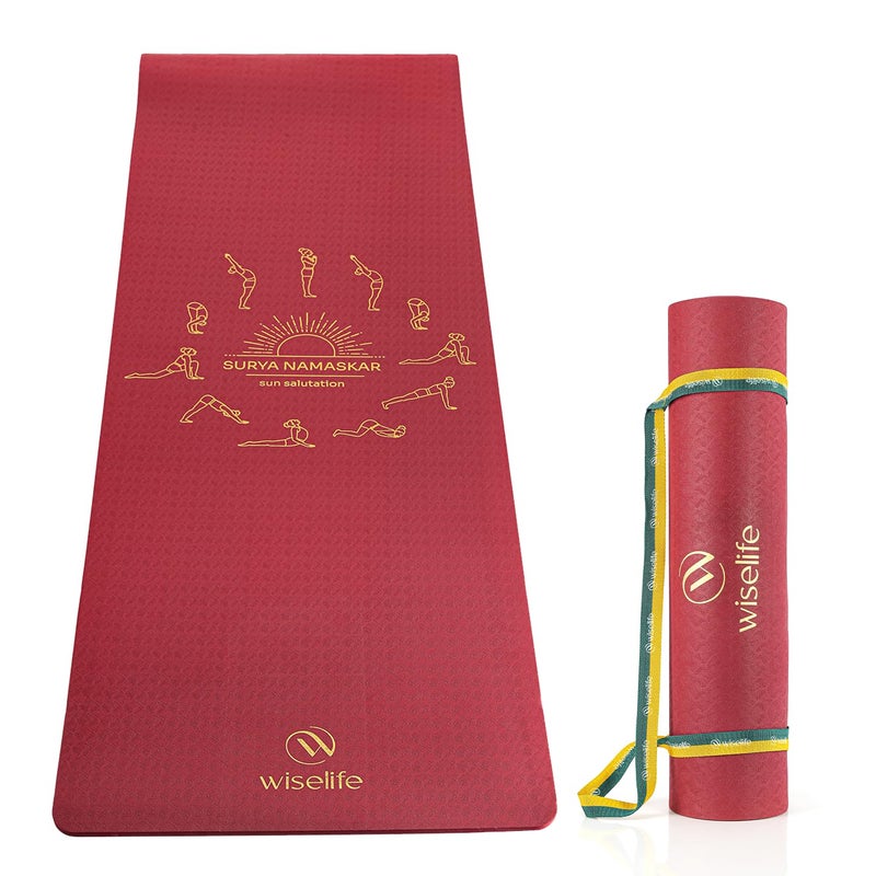 WISELIFE tpe Printed 6MM Yoga Mat + Yoga Strap For Men, Women, Kids|Anti-Slip Extra thick, long & Wide Exercise Sports Mat For Workout, Fitness, Yoga, Gym, Home & Pilates (Wine Surya Namaskar) - Image 1