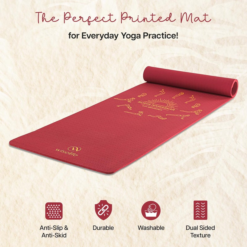 WISELIFE tpe Printed 6MM Yoga Mat + Yoga Strap For Men, Women, Kids|Anti-Slip Extra thick, long & Wide Exercise Sports Mat For Workout, Fitness, Yoga, Gym, Home & Pilates (Wine Surya Namaskar) - Image 5