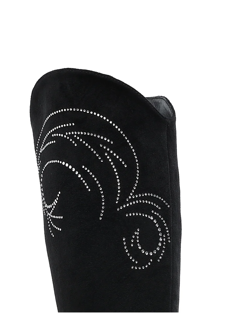 London Rag Rhinestone Patterned Calf Boots in Black