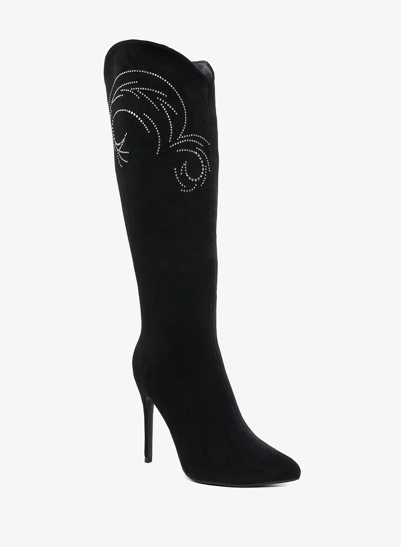London Rag Rhinestone Patterned Calf Boots in Black