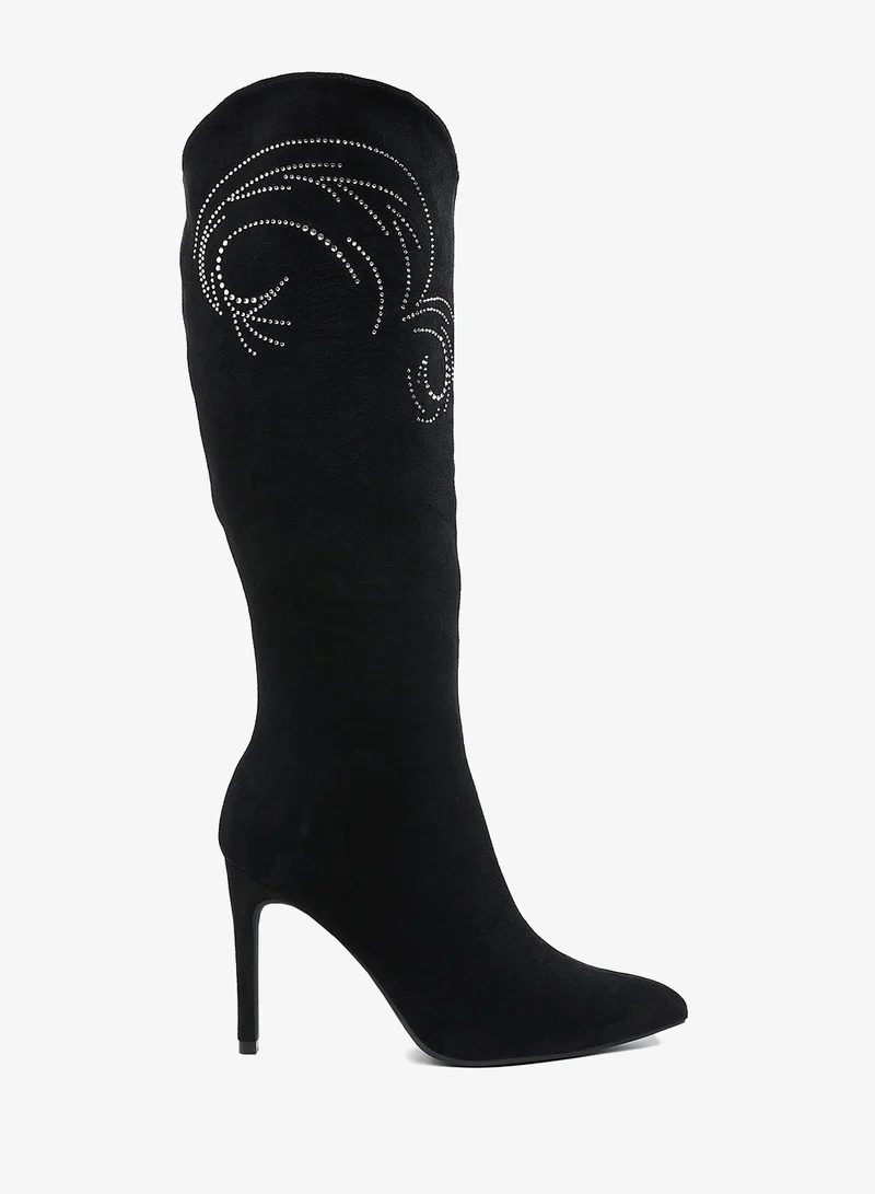 Rhinestone Patterned Calf Boots in Black