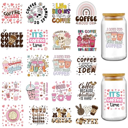 AFRITEE Funny Coffee UV DTF Decals - 20 Sheets I Love You More Than Coffee Fun Uvdtf Cup Wraps for 16 oz Glass Water Bottle, Milk Tea Ice Cream Flower Transfer Stickers DIY Mug Craft Decals Decor Gift for Mom - Image 1
