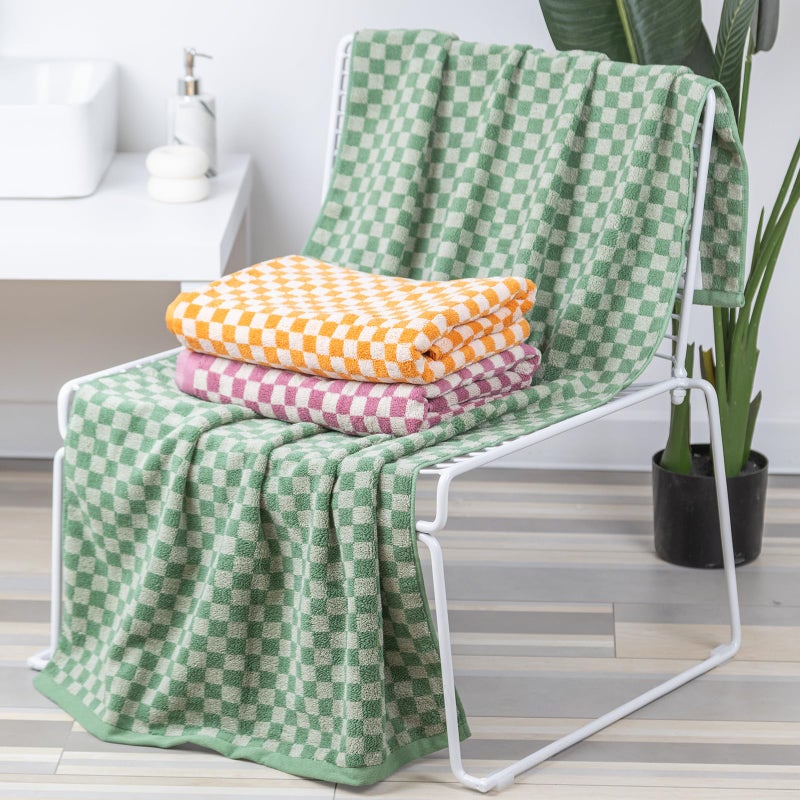 CinGiiCo Checkered Bath Towels Set of 3, 100% Cotton Bath Towels Large, 600GSM, 55 * 28 in, Luxury Shower Towels for Bathroom, Soft Absorbent Quick-Dryï¼ˆOrange+Dark Green+Pinkï¼‰ - Image 5