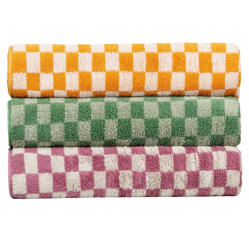 CinGiiCo Checkered Bath Towels Set of 3, 100% Cotton Bath Towels Large, 600GSM, 55 * 28 in, Luxury Shower Towels for Bathroom, Soft Absorbent Quick-Dryï¼ˆOrange+Dark Green+Pinkï¼‰ - Image 1