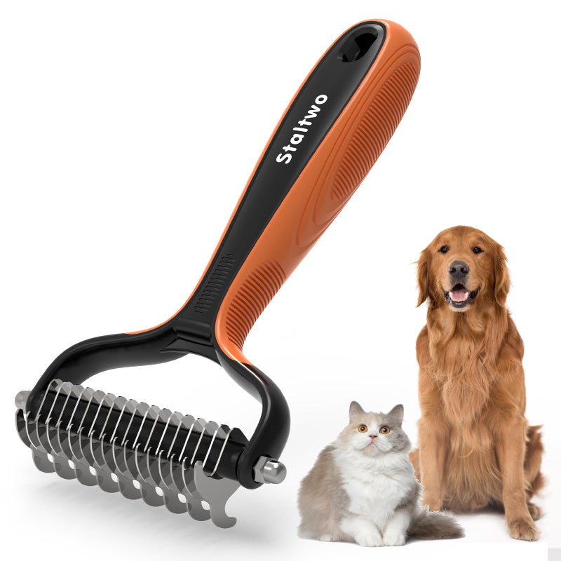 Staltwo Deshedding Dog Brush for Shedding - 2-in-1 Professional Undercoat Rake and Furminator for Dogs | Shedding Control for Long-Haired Dogs and Cats, Deshedding Tool, Knot Removal,Orange - Image 2