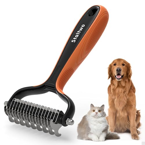Staltwo Deshedding Dog Brush for Shedding - 2-in-1 Professional Undercoat Rake and Furminator for Dogs | Shedding Control for Long-Haired Dogs and Cats, Deshedding Tool, Knot Removal,Orange - Image 1