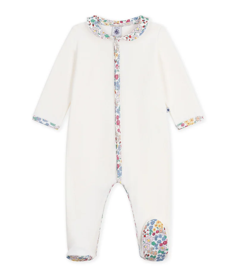 بيتي باتو Babies' Pyjama Suit In Plain Velour With A Collar And Floral Print Detail