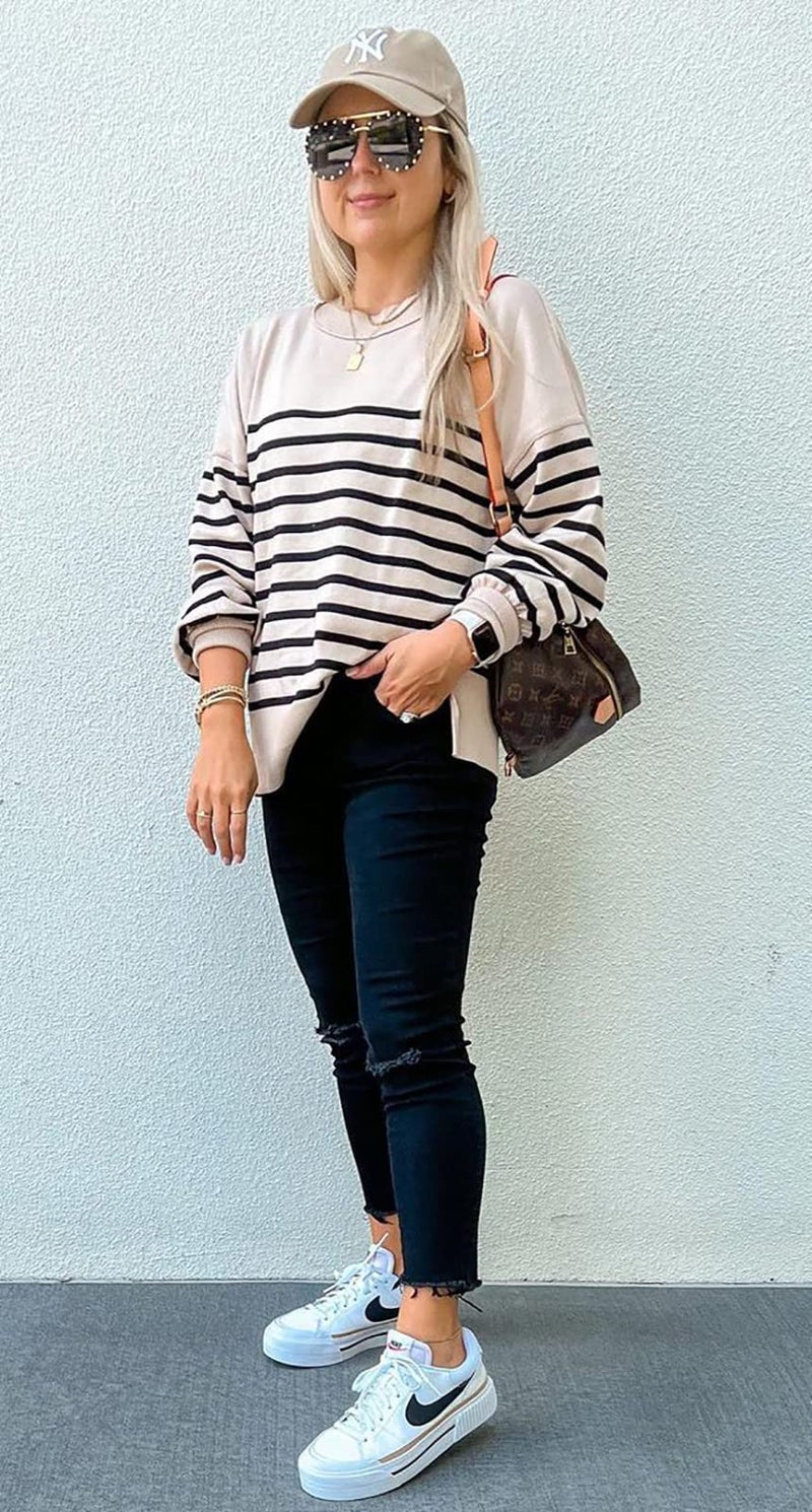 SAUKOLE Womens Fall Knit Tops Oversized Pullover Sweaters Crewneck Batwing Long Sleeve Striped Side Split Top - Image 2