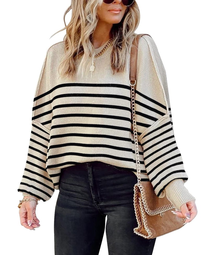 SAUKOLE Womens Fall Knit Tops Oversized Pullover Sweaters Crewneck Batwing Long Sleeve Striped Side Split Top - Image 1