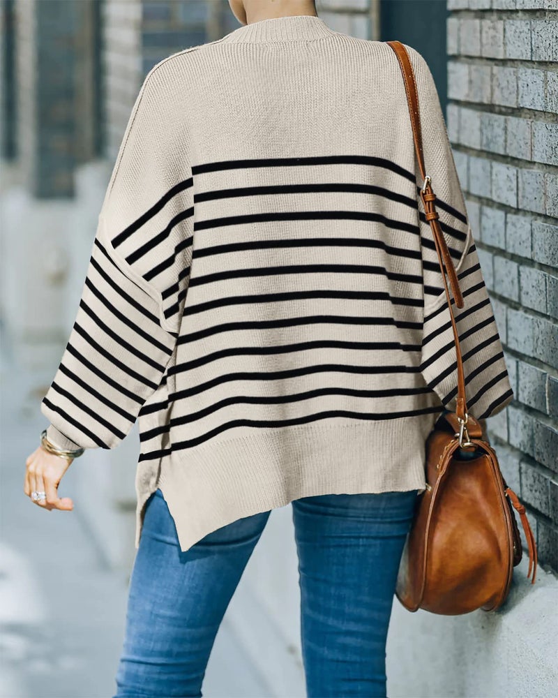 SAUKOLE Womens Fall Knit Tops Oversized Pullover Sweaters Crewneck Batwing Long Sleeve Striped Side Split Top - Image 4