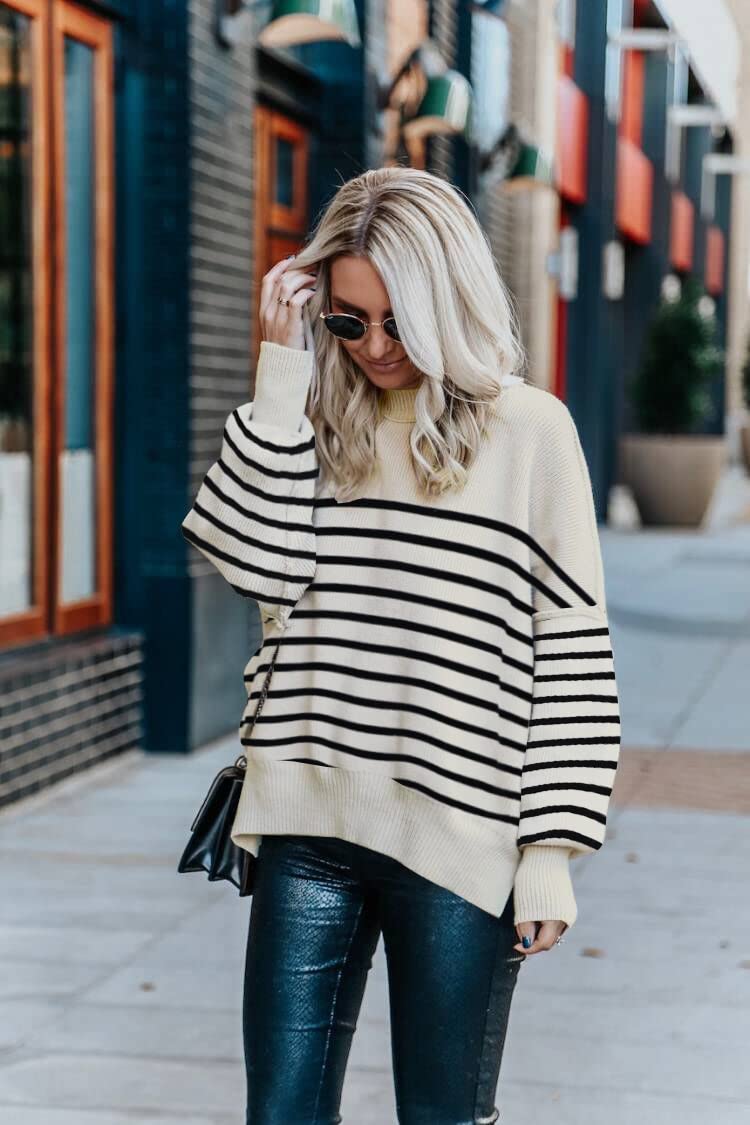 SAUKOLE Womens Fall Knit Tops Oversized Pullover Sweaters Crewneck Batwing Long Sleeve Striped Side Split Top - Image 3
