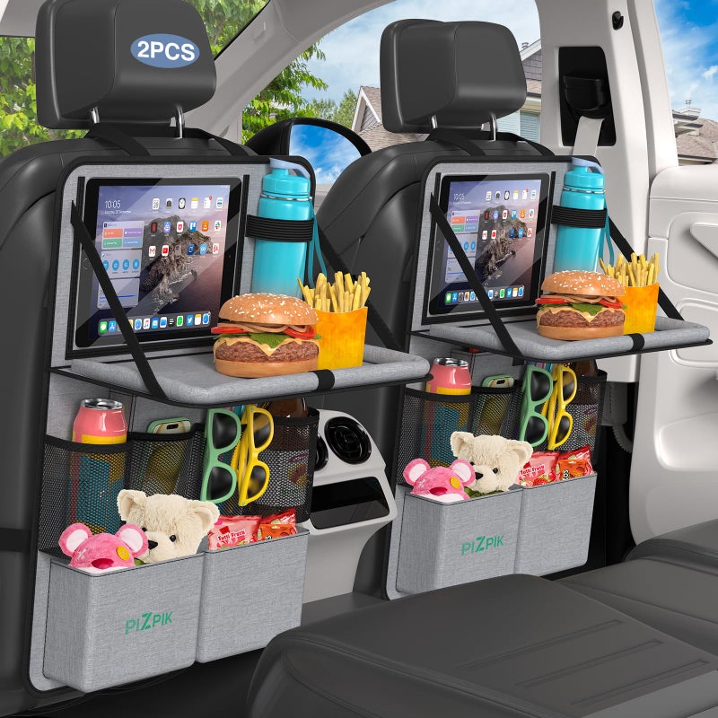 Plzpik Car Backseat Organizer with Tablet Holder,11 Storage Pockets with Foldable Food Tray, Protector Kick Mats for Kids, Travel Accessories Organizer (Gray, 2Pack with Food Tray) - Image 1