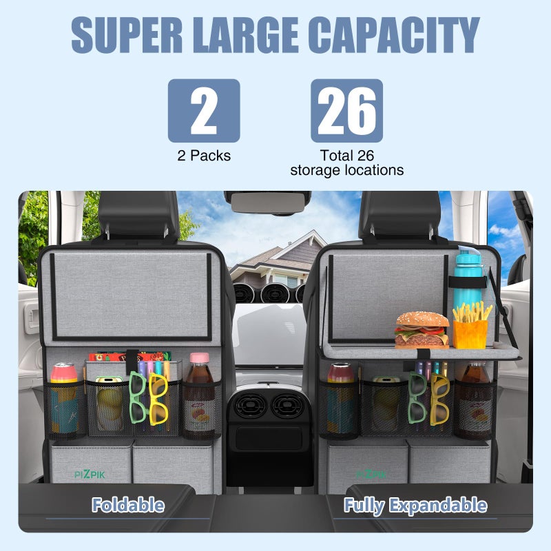 Plzpik Car Backseat Organizer with Tablet Holder,11 Storage Pockets with Foldable Food Tray, Protector Kick Mats for Kids, Travel Accessories Organizer (Gray, 2Pack with Food Tray) - Image 2
