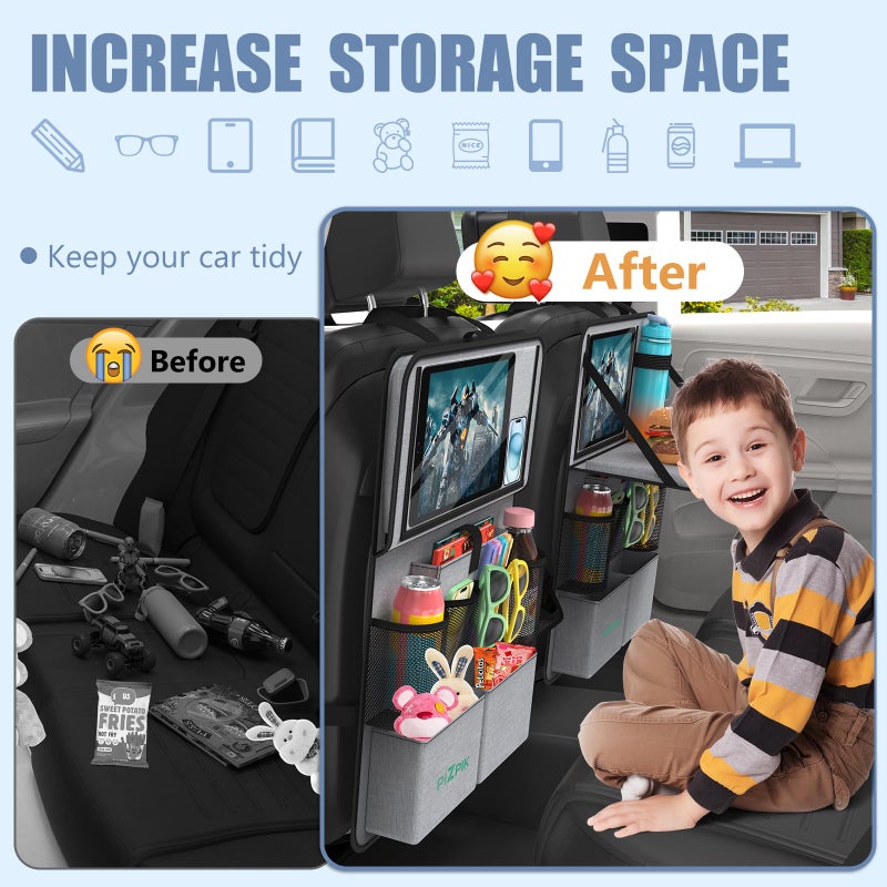 Plzpik Car Backseat Organizer with Tablet Holder,11 Storage Pockets with Foldable Food Tray, Protector Kick Mats for Kids, Travel Accessories Organizer (Gray, 2Pack with Food Tray) - Image 4