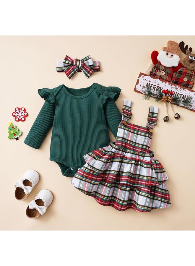 Mubineo Baby Girl Christmas Clothes Plaid Outfits Long Sleeve Romper Overall Skirt Dress Cute Newborn Outfit (Green Red White Plaid, 0-3 Months), Green Red White Plaid, 0-3 Months - Image 2