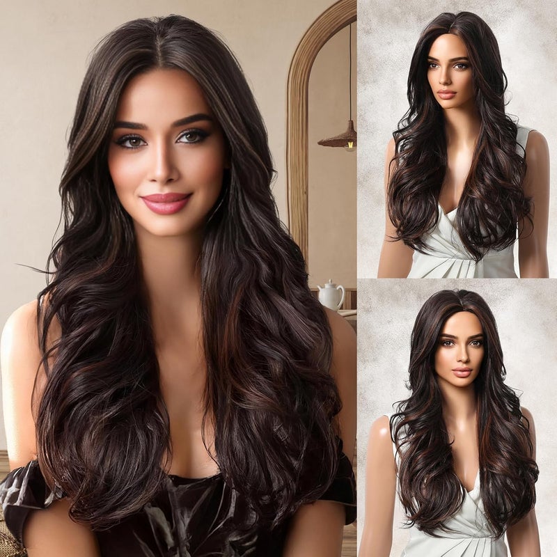 Brown Highlight Wig 26 Inch Long Wavy Wigs for Women Middle Part Synthetic Hair Wavy Wig with Upgraded StrandsNatural Hair Wig for Daily Party Date Use