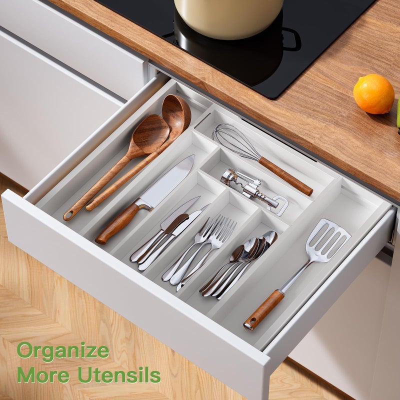 Pipishell Bamboo Expandable Drawer Organizer for Utensils Holder, Adjustable Cutlery Tray, Wood Drawer Dividers Organizer for Silverware, Flatware, Knives in Kitchen, Bedroom, Living Room (White) - Image 4