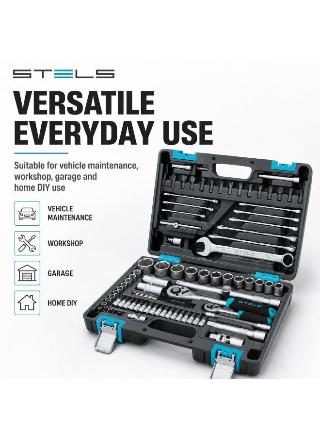 STELS 82 Piece Socket Tool Set with 1/4 Inch and 1/2 Inch Drive Ratchets, CR-V Sockets, Extension Bars, Bits, Combination Wrenches and Carry Case - Image 5