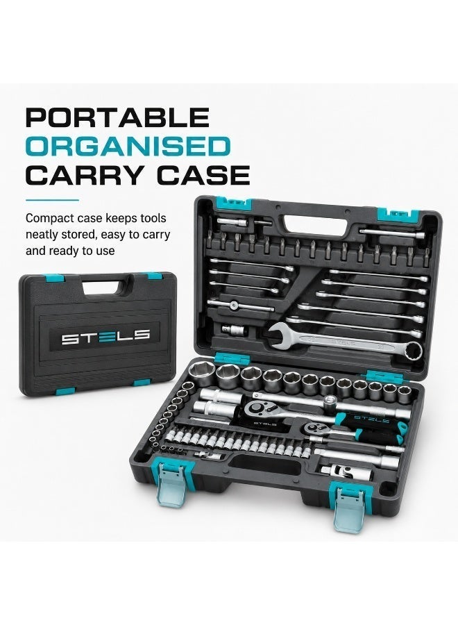 STELS 82 Piece Socket Tool Set with 1/4 Inch and 1/2 Inch Drive Ratchets, CR-V Sockets, Extension Bars, Bits, Combination Wrenches and Carry Case - Image 4
