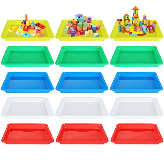 15 PCS MULTICOLOR PLASTIC ART TRAYS 28X21X3CM ANTISLIP SERVING TRAY 5 COLORS PLAY TRAYS PLASTIC ART ACTIVITY TRAY FOR HOME SCHOOL ART CRAFTS AND DIY PROJECTS