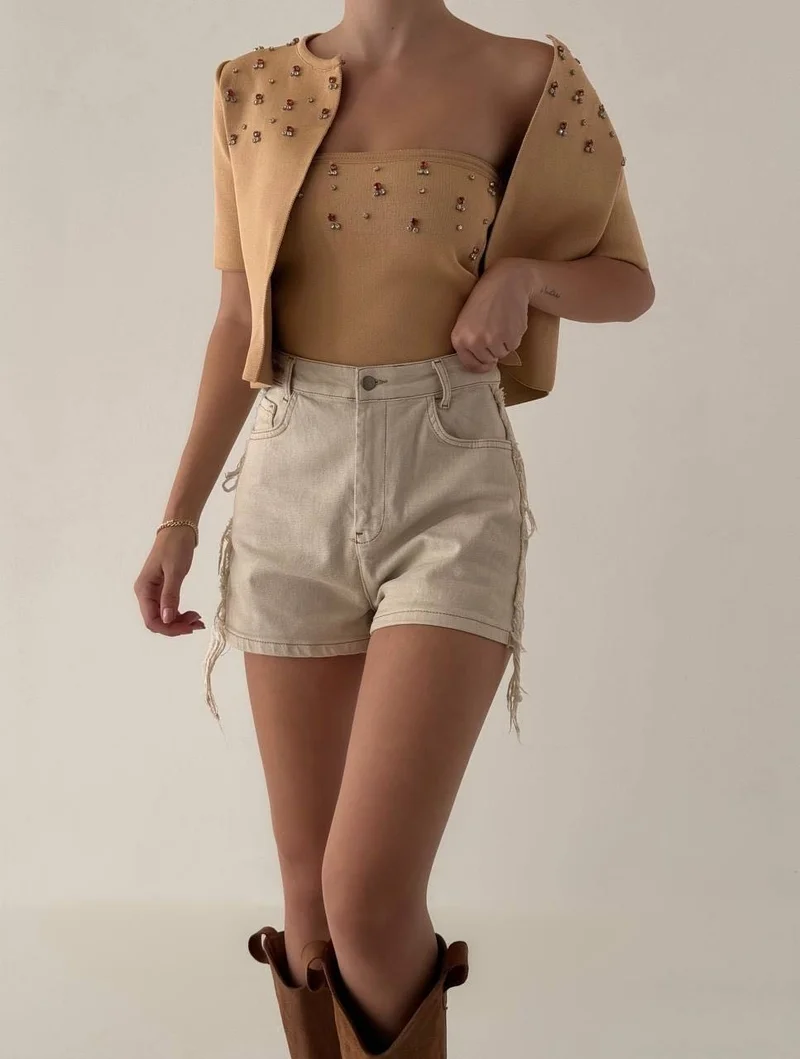 افا 2-Piece Knitwear Set Cardigan and Strapless Stone