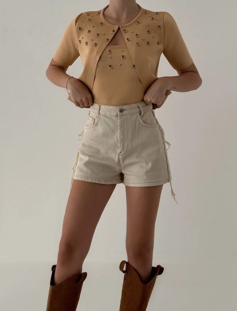 افا 2-Piece Knitwear Set Cardigan and Strapless Stone