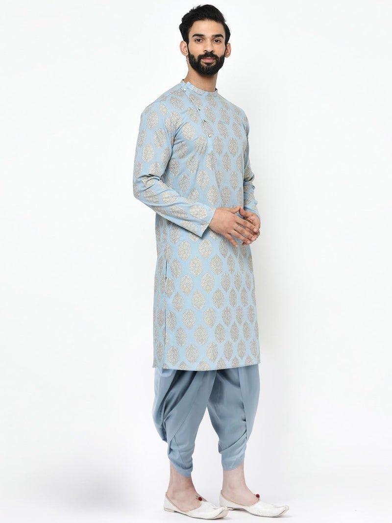 KISAH Men's Kurta Dhoti Set, Blue Cotton Blend, Foil Print Regular Fit Mandarin Collar Long Sleeves (42) - Image 2