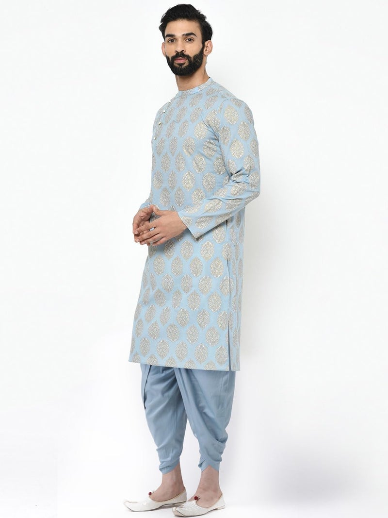 KISAH Men's Kurta Dhoti Set, Blue Cotton Blend, Foil Print Regular Fit Mandarin Collar Long Sleeves (42) - Image 3