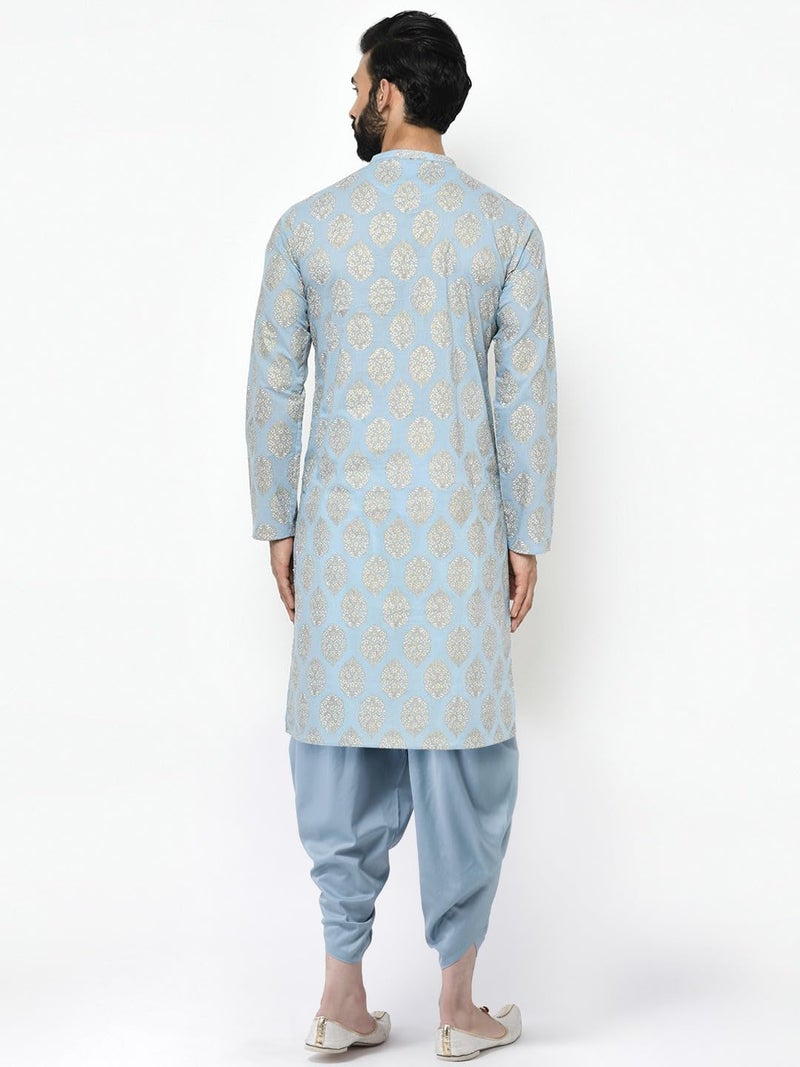 KISAH Men's Kurta Dhoti Set, Blue Cotton Blend, Foil Print Regular Fit Mandarin Collar Long Sleeves (42) - Image 4