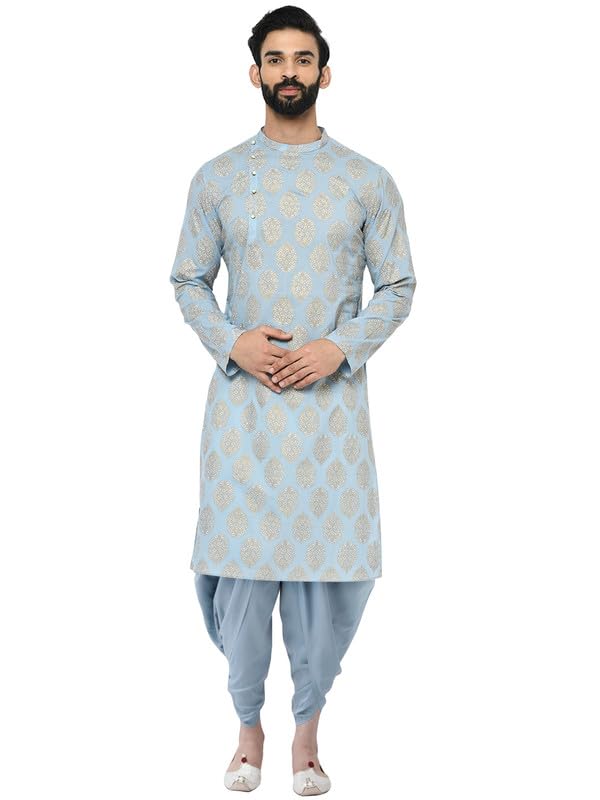 KISAH Men's Kurta Dhoti Set, Blue Cotton Blend, Foil Print Regular Fit Mandarin Collar Long Sleeves (42) - Image 1