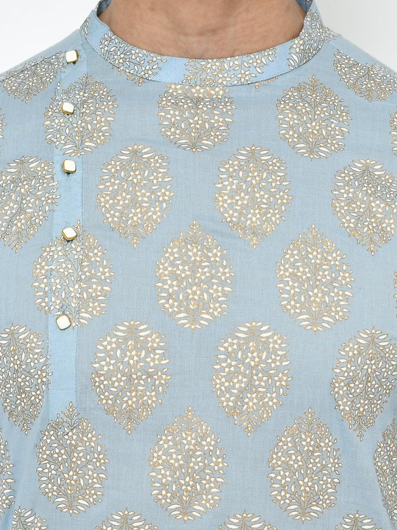 KISAH Men's Kurta Dhoti Set, Blue Cotton Blend, Foil Print Regular Fit Mandarin Collar Long Sleeves (42) - Image 5
