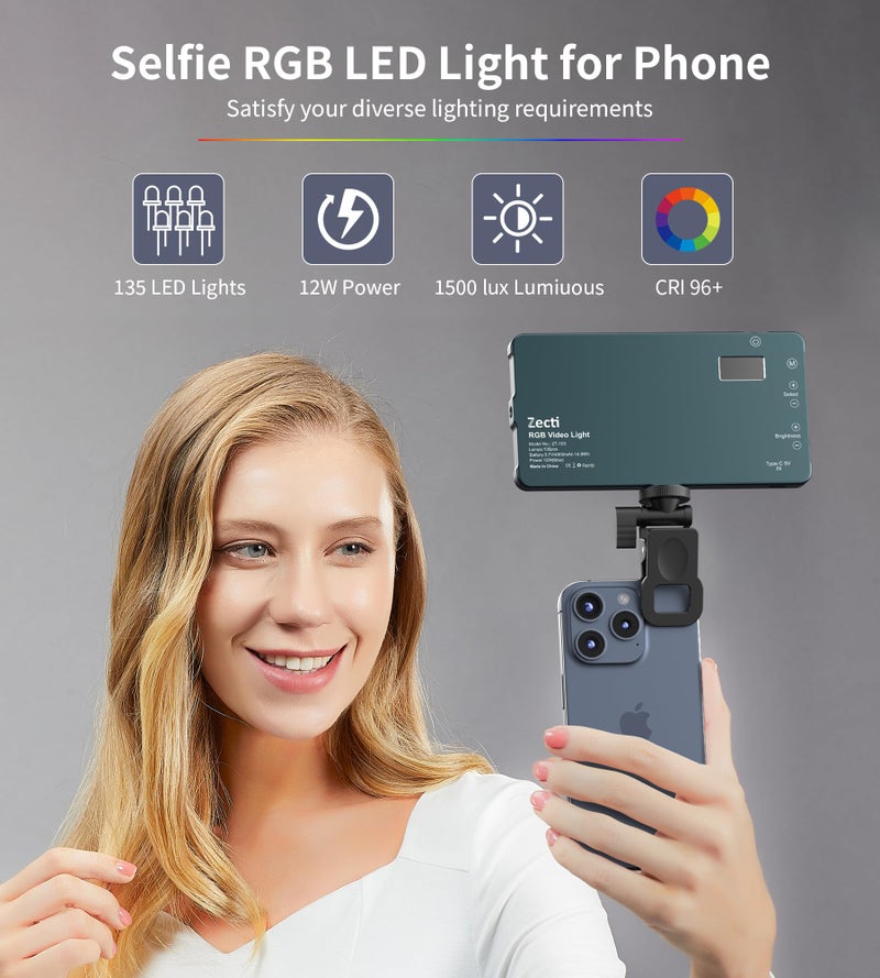 Zecti Selfie Camera Phone Light with Metal Hotshoe & Clip, 135 LED CRI 96+ 2500K-9900K 4000mAh RGB Video Light for iPhone, Cameras, Selfie, Video Conference, TikTok Live Streaming, Gifts for Women & Mom - Image 2