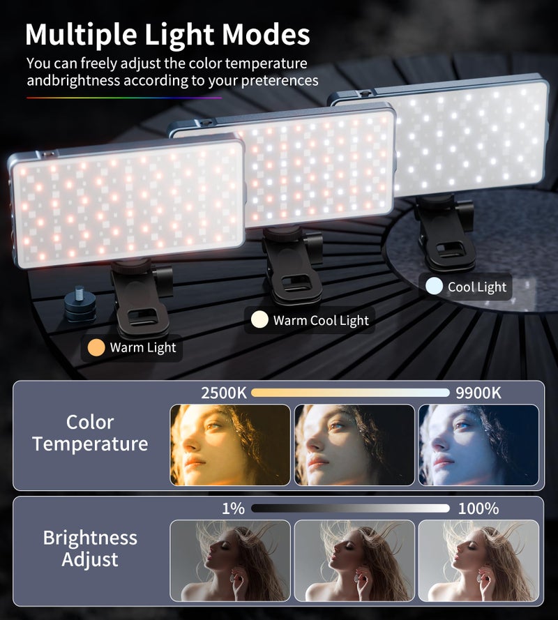 Zecti Selfie Camera Phone Light with Metal Hotshoe & Clip, 135 LED CRI 96+ 2500K-9900K 4000mAh RGB Video Light for iPhone, Cameras, Selfie, Video Conference, TikTok Live Streaming, Gifts for Women & Mom - Image 4