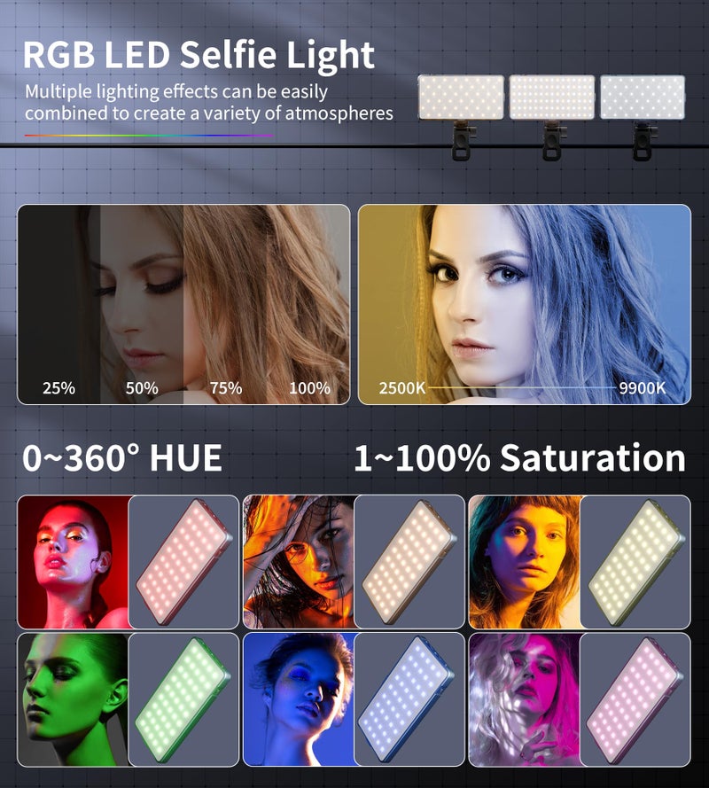 Zecti Selfie Camera Phone Light with Metal Hotshoe & Clip, 135 LED CRI 96+ 2500K-9900K 4000mAh RGB Video Light for iPhone, Cameras, Selfie, Video Conference, TikTok Live Streaming, Gifts for Women & Mom - Image 3