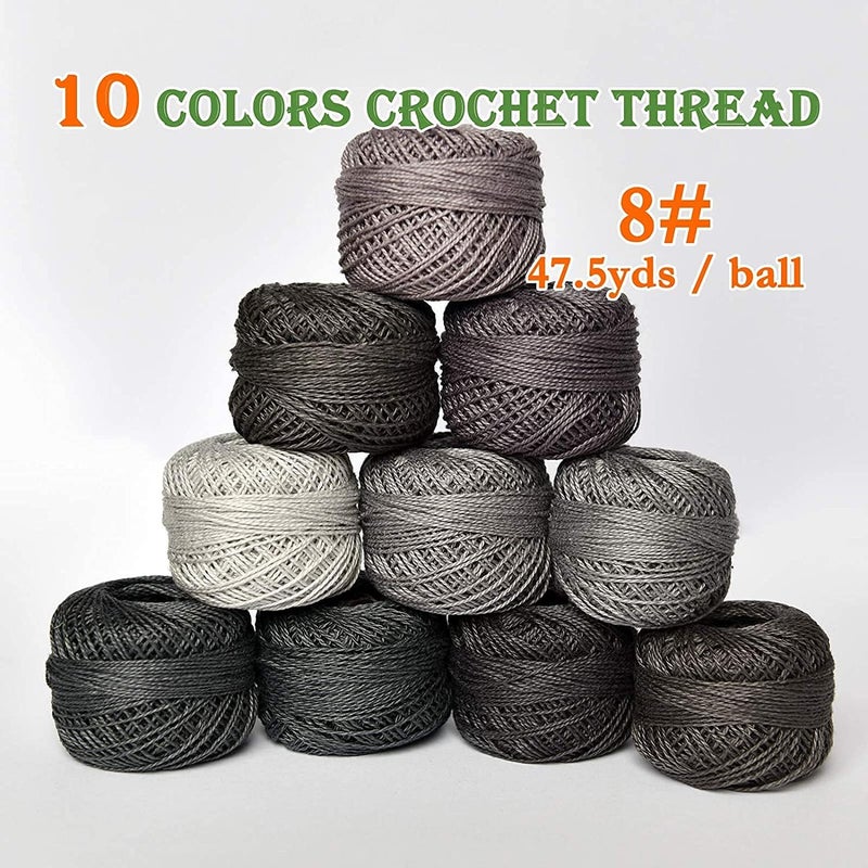 Colored BIRDCrochet Thread, Size 8 Crochet Yarn，2 Ply Cotton Yarn, 10 Balls (Grey Series) - Image 2