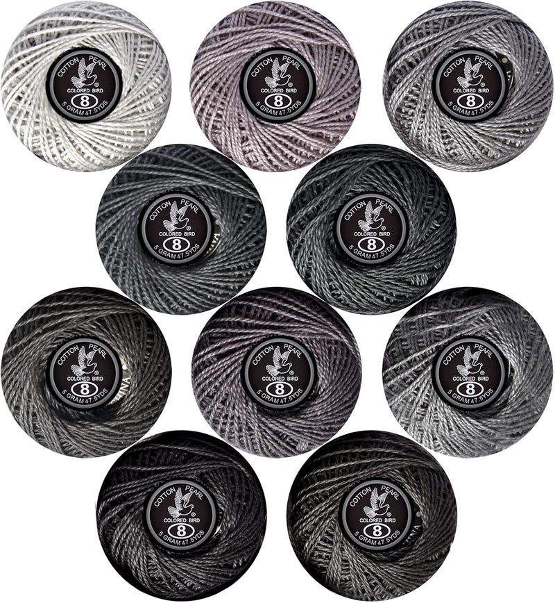 Colored BIRDCrochet Thread, Size 8 Crochet Yarn，2 Ply Cotton Yarn, 10 Balls (Grey Series) - Image 1