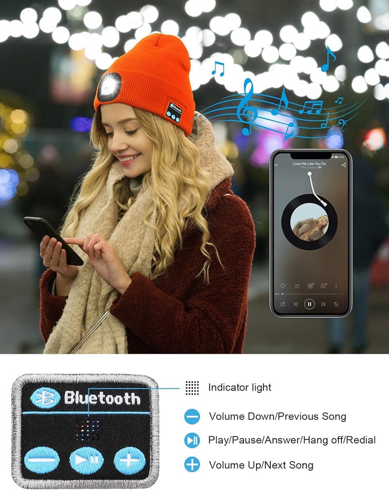 Wmcaps Bluetooth Beanie with a Light, Unisex USB Rechargeable 4 LED Fashlight Hat with Cordless Headphones, Unique Christmas Birthday Gifts for Men Him Husband Teen Dark Grey - Image 4