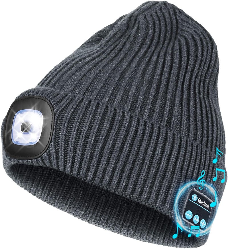 Wmcaps Bluetooth Beanie with a Light, Unisex USB Rechargeable 4 LED Fashlight Hat with Cordless Headphones, Unique Christmas Birthday Gifts for Men Him Husband Teen Dark Grey - Image 1