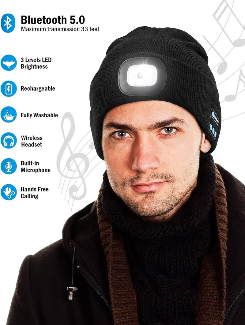 Wmcaps Bluetooth Beanie with a Light, Unisex USB Rechargeable 4 LED Fashlight Hat with Cordless Headphones, Unique Christmas Birthday Gifts for Men Him Husband Teen Dark Grey - Image 2