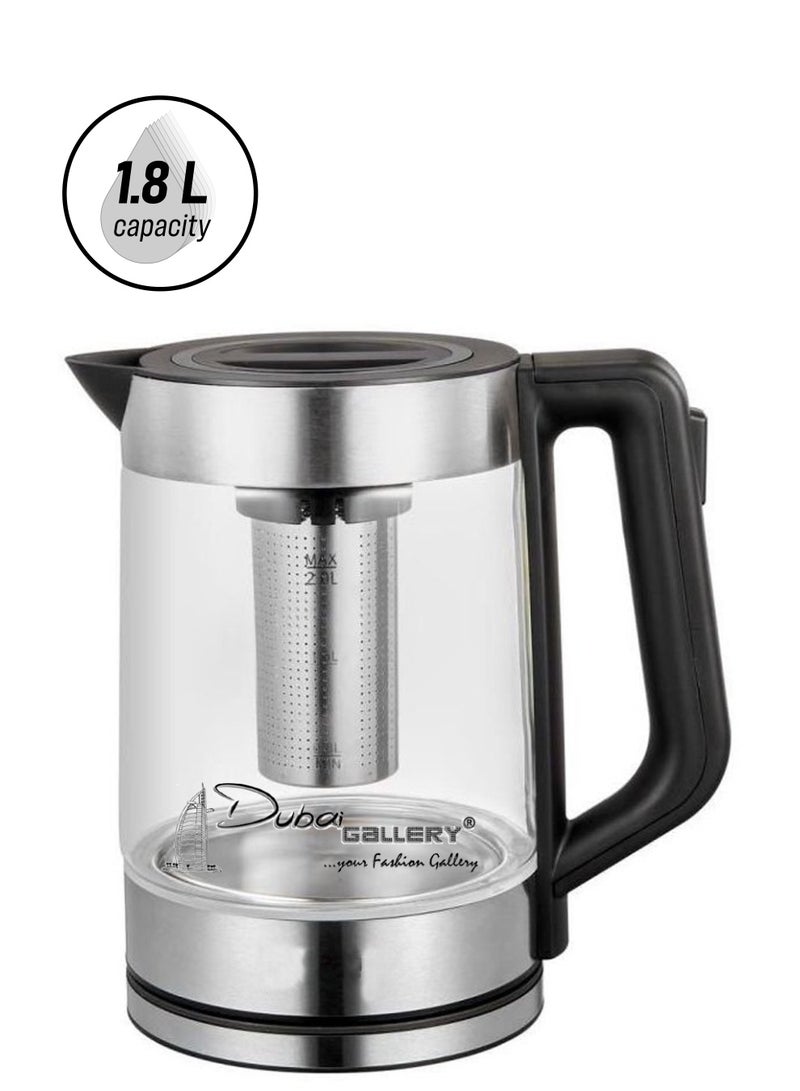 DubaiGallery Electric Steam Tube Tea Kettle Capacity 1.8Liters 1500 Watt -Black/Silver Model 2022