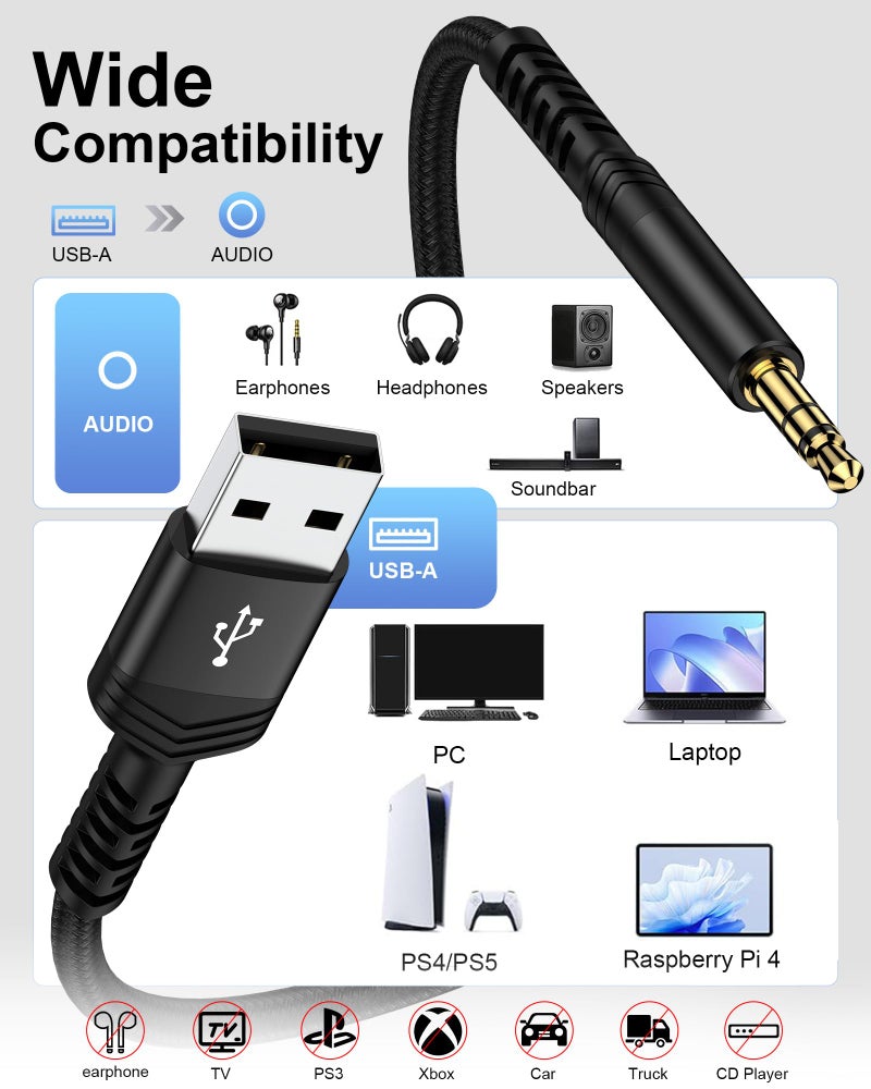 AILKIN USB to 3.5mm Audio Cable 3FT, Braided USB-A to Aux Male to Male TRS Stereo Adapter Cord, USB 2.0 to 1/8â€ Jack Adaptor Auxiliary Cable for Headphones Speakers Amplifiers PC Laptop PS4 PS5 Windows Mac - Image 5