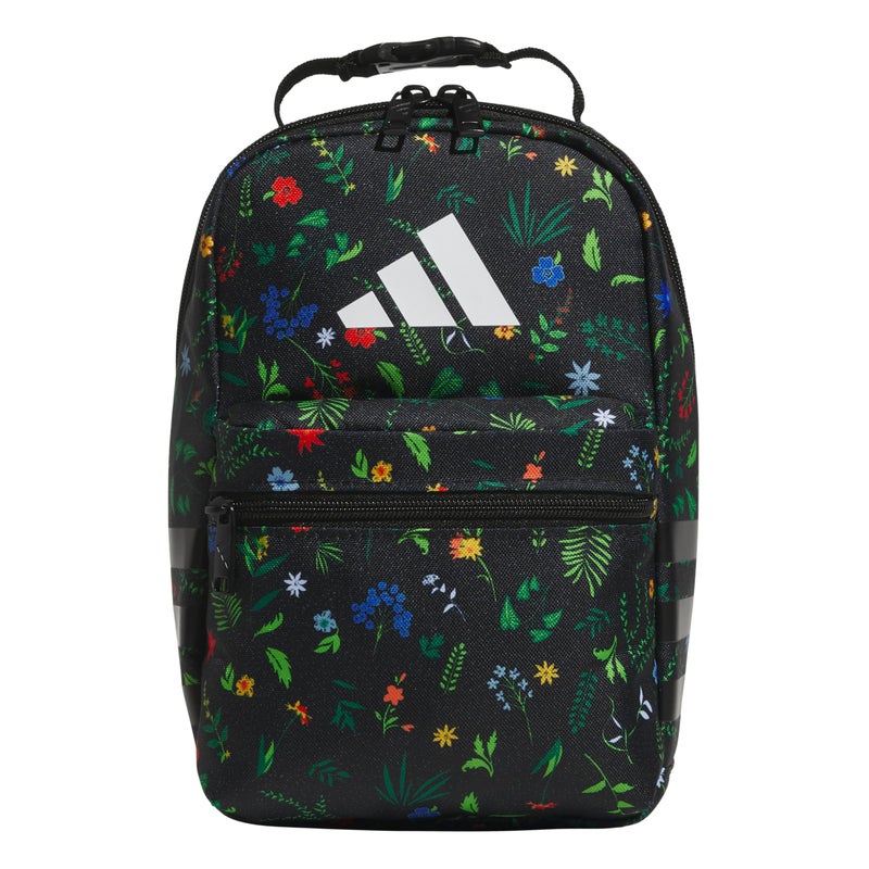 Adidas حقيبة غداء مبردة أديداس سانتياغو للنساء والرجال، حاوية طعام معزولة مع جيب شبكي، زهور مرجانية سوداء/سوداء/بيضاء/3.0، مقاس واحد - Image 1