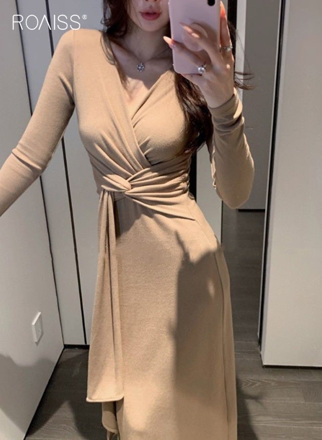 رويس تنورة نسائية بفتحة رقبة على شكل حرف V، بتصميم ملتف يبرز الخصر، مريحة وناعمة، بأكمام طويلة وحمالات رفيعة، وخصر غير منتظم، مناسبة للارتداء اليومي والحفلات، لون بني فاتح. - Image 4