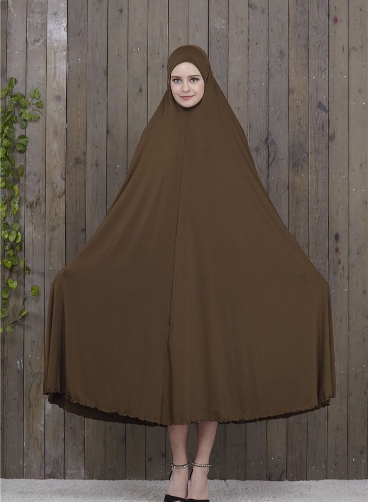 عباءة بأكمام طويلة مع حجاب بيج - Image 1