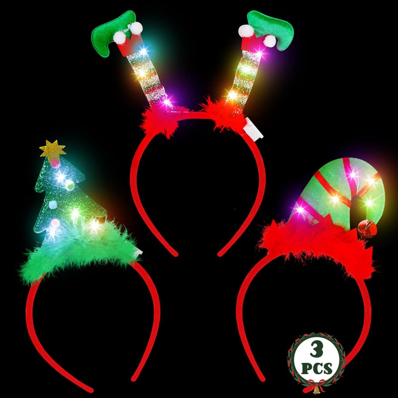 HOVACY 3 Pcs Light Up Christmas Headbands Chrstmas Flashing LED Lights Headband Tree Santa Hat Elf Hat Christmas Headwear Holiday Headpieces for Xmas Party Favors Costume Decor Supplies - Image 2