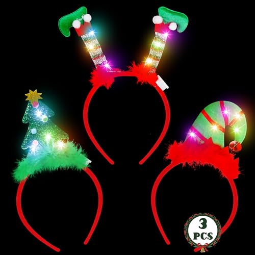 HOVACY 3 Pcs Light Up Christmas Headbands Chrstmas Flashing LED Lights Headband Tree Santa Hat Elf Hat Christmas Headwear Holiday Headpieces for Xmas Party Favors Costume Decor Supplies - Image 1