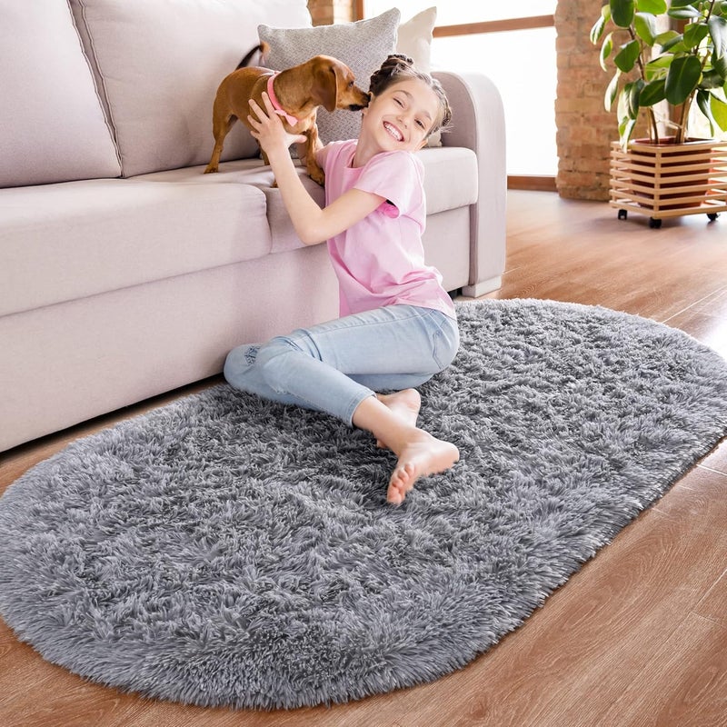 Noahas Fluffy Grey Rugs for Bedroom Living Room,2.6'X5.3' Oval Throw Rug for Kids Room,Shag Hallway Runner Rug,Small Soft Shaggy Bedside Non-Slip Plush Nursery Dorm Carpet Home Decor Aesthetic - Image 2