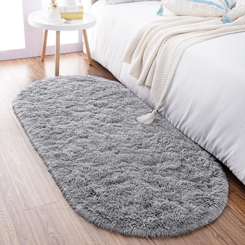Noahas Fluffy Grey Rugs for Bedroom Living Room,2.6'X5.3' Oval Throw Rug for Kids Room,Shag Hallway Runner Rug,Small Soft Shaggy Bedside Non-Slip Plush Nursery Dorm Carpet Home Decor Aesthetic - Image 1