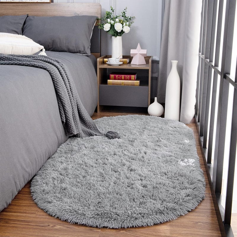 Noahas Fluffy Grey Rugs for Bedroom Living Room,2.6'X5.3' Oval Throw Rug for Kids Room,Shag Hallway Runner Rug,Small Soft Shaggy Bedside Non-Slip Plush Nursery Dorm Carpet Home Decor Aesthetic - Image 3